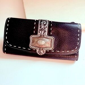 Brighton Leather Tooled Beaded Snap Wallet Organizer Crossbody Bag